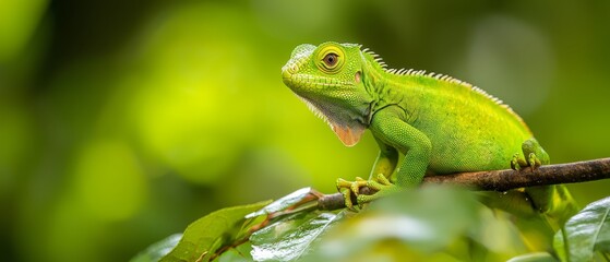 Fototapeta premium A tight shot of a green lizard perched on a branch, surrounded by leafy foreground with a softly blurred background