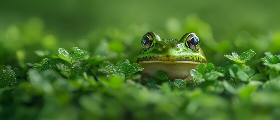 Obraz premium A tight shot of a frog in a sea of grass, adorned with water droplets on its face and eyes