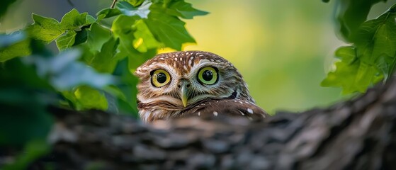  A tight shot of a small owl perched on a tree branch, adorned with green foliage