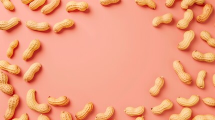 Circular arrangement of peanuts natural agriculture, copy space solid pink background