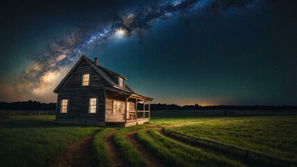 milky way over rustic farmhouse kitchen aesthetic background