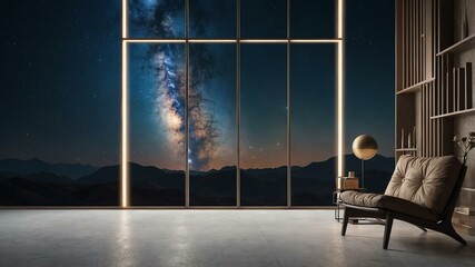 milky way over minimalist studio apartment aesthetic background