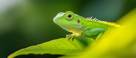 Fototapeta premium A close-up of a green lizard on a leaf with a blurred background behind it