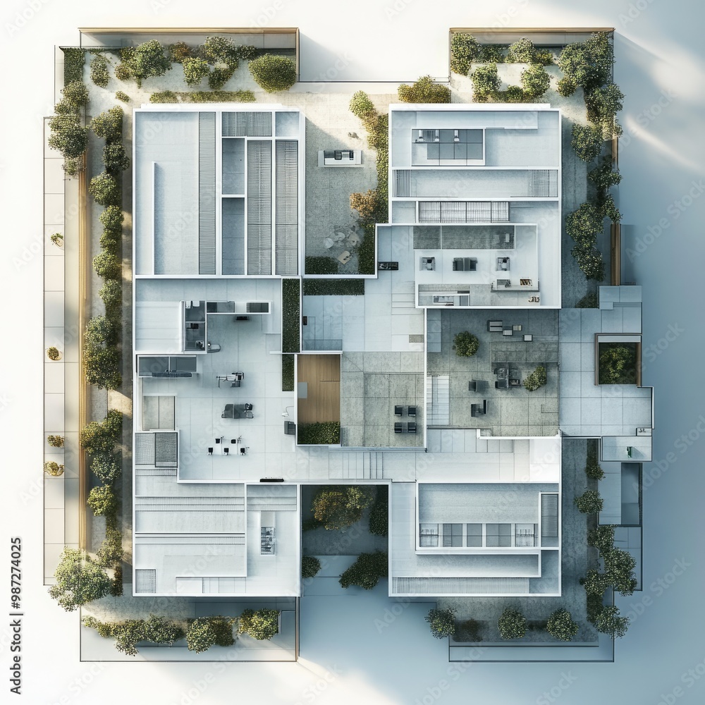 Poster aerial view of a modern architectural layout featuring open spaces and greenery.