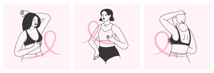 Breast cancer awareness month. Women doing a breast self examination. Manual cancer test. Set of hand drawn illustrations of females with a pink ribbon. Minimalist isolated flat vector design
