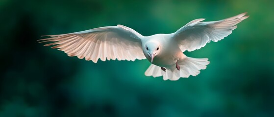 Obraz premium A white bird flies in the air with its wings spread widely