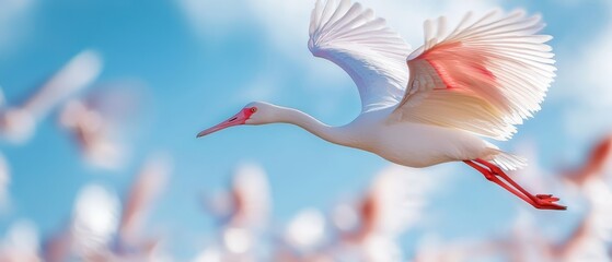 Naklejka premium A white bird with a red beak flies among others in the sky, against a background of additional birds