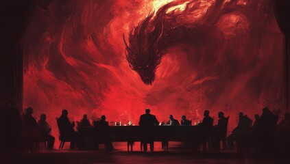 Fototapeta premium Silhouettes of people dining with a fiery dragon above.