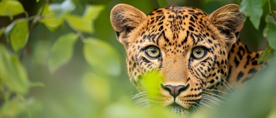  A tight shot of a leopard's face emerging from jungle tree foliage