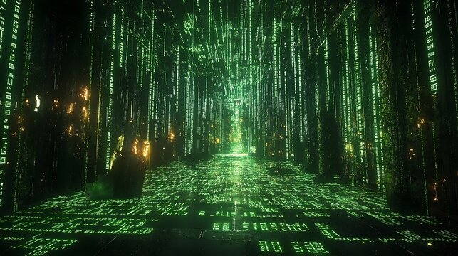Green digital code raining down in a dark virtual space, creating a futuristic tunnel effect.