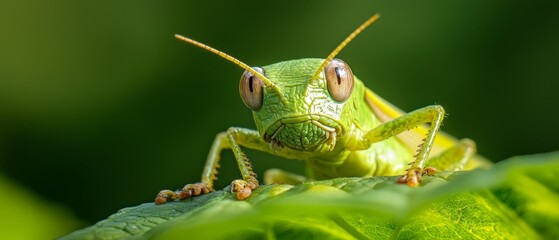 Naklejka premium A grasshopper in focus, gazing into the lens, surrounded by a softly blurred foreground of green leaves