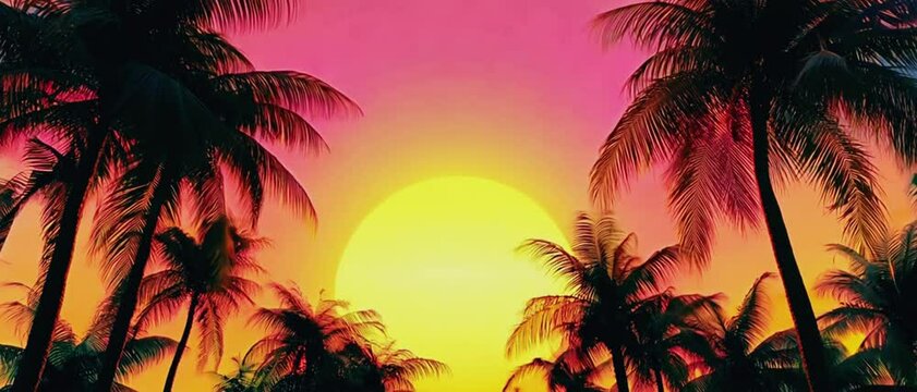 Movement along palm alley, bottom view of coconut palm trees in sunset. Palm trees and pink,orange and green sunset. Colorful animation 4k video retro video