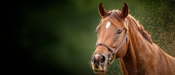 Obraz premium A tight shot of a horse's face as water sprays from it