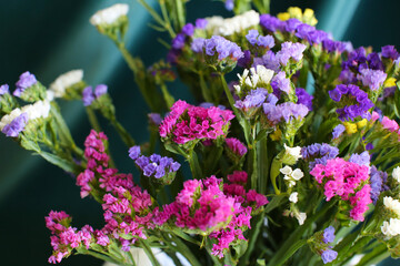 Fototapeta premium Bouquet of multicolored flowers in a vase (Limonium sinuatum, Statice sinuata) on a green background
