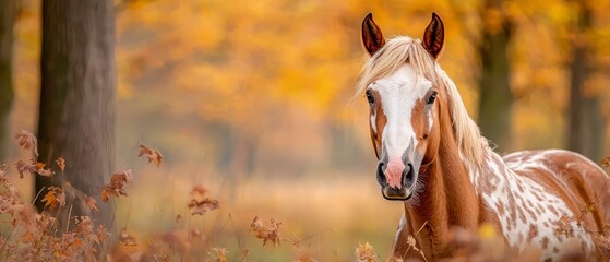  A brown-and-white horse stands in a field beside a forest ablaze with yellow and orange autumn leaves