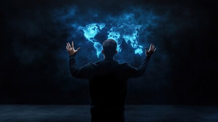 Man Interacting with Digital World Map Background