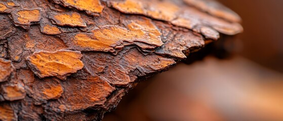Fototapeta premium A tight shot of tree bark, browns prevalently with yellow paint splatters