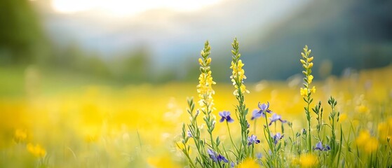  A field adorned with purple and yellow blooms; sun rays filtering through overlapping clouds