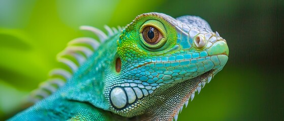 Obraz premium A tight shot of a lizard's face, surrounded by green leaves in the background Foreground features a hazy depiction of leafy foliage
