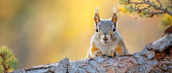  A tight shot of a squirrel on a tree branch gazing at the camera, surrounded by a hazy backdrop of a pine tree
