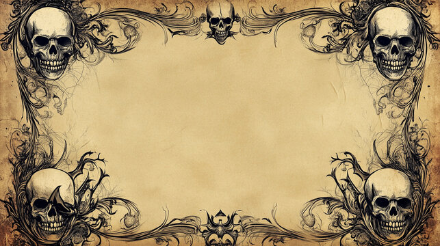 A vintage-style border with ornate patterns and tiny skull accents, beautiful flyers, elegant border with a Halloween theme