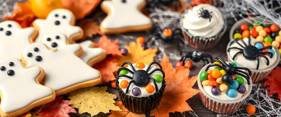 Obraz premium Spooky Halloween Treats with Ghost Cookies and Spider Cupcakes.