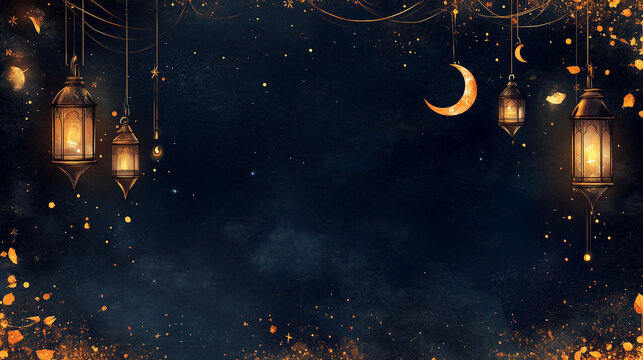 A thin black border with small hanging lanterns and crescent moons, beautiful flyers, elegant border with a Halloween theme