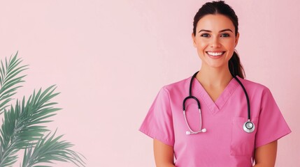 Smiling nurse in pink scrubs with a stethoscope, standing against a pink background.