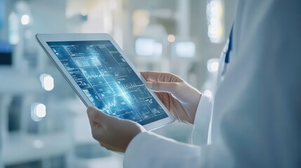A doctor in a white coat is looking at a tablet screen with a blue, digital heartbeat.
