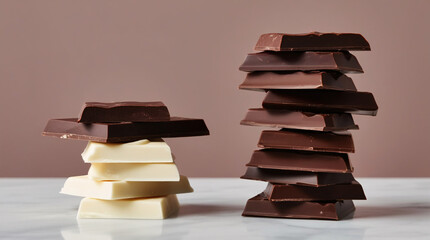 Two Stacked bars of milk, dark, and white chocolate. Brown background