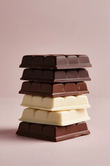 Stacked bars of milk, dark, and white chocolate against a neutral background