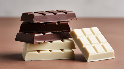 Stacked bar of dark and white chocolate. Brown background