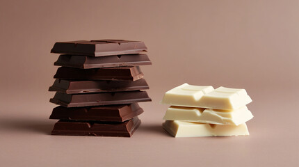 Two Stacked bars of milk, dark, and white chocolate with a brown background