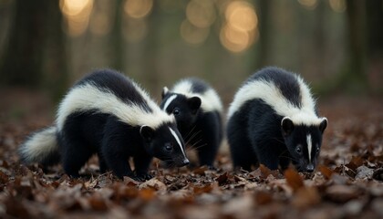 Naklejka premium Three skunks foraging in a forest covered with fallen leaves, showcasing wildlife and nature