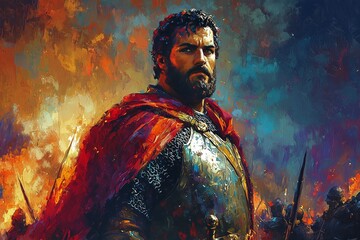 Fototapeta premium Vibrant Portrait of Biblical King David in Battle: A Unique Christian Illustration Using Generative AI Techniques