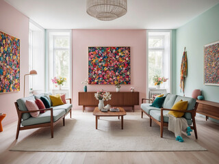 Minimalist Pastel Pink Living Room with Colorful Picture Frames