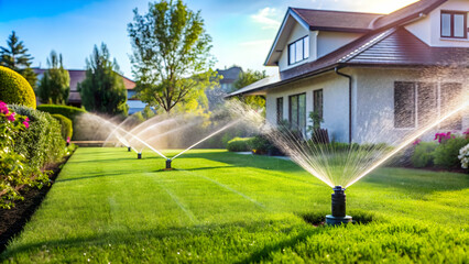 Lawn irrigation system with sprinklers in a private house yard, irrigation, system, lawn, water, sprinklers, technology