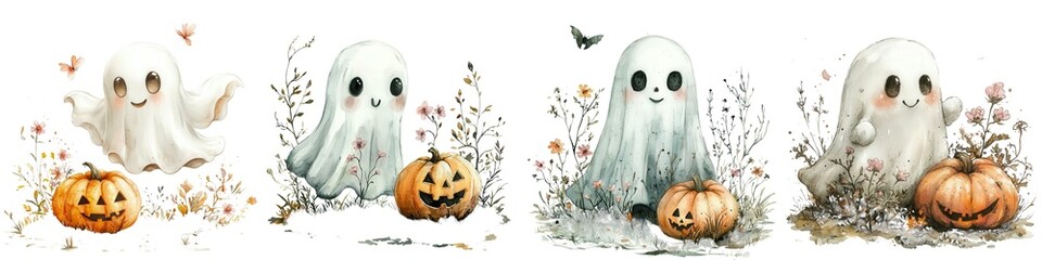 Obraz premium Watercolor Whimsical ghost illustrations surrounded by pumpkins and autumn elements, perfect for Halloween themed designs and decorations.