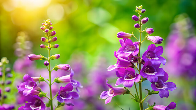 Purple penstemon 'Sour Grapes' flowers against a green background, purple, penstemon, 'Sour Grapes', flowers, green, background