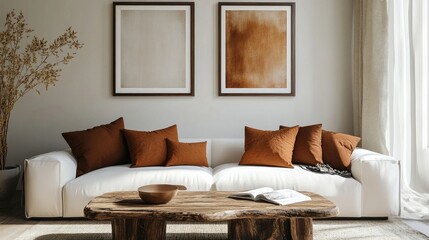 Rustic coffee table near white sofa with brown pillows against wall with two poster frames Boho ethnic home interior design of modern living room
