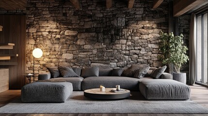 Rustic interior design of modern living room with grey sofas