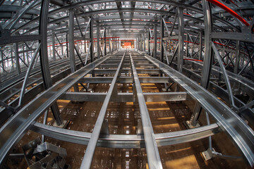 Fish-eye view of steel galvanised framework clad rack structure of asrs warehouse with sprinkler...