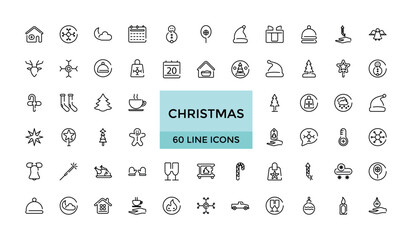 Christmas icons set. Snowflakes, Christmas balls, gift box and more,  Editable stroke. Big web and UI icon set in a flat design. Thin outline icons pack. Vector illustration