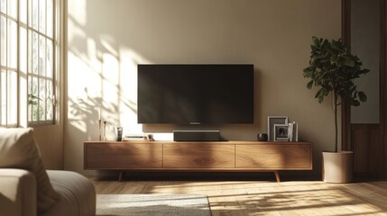 Sleek, low-profile media console in a minimalist, Scandinavian-inspired living room