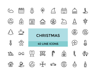 Christmas icons set. Snowflakes, Christmas balls, gift box and more,  Editable stroke. Big web and UI icon set in a flat design. Thin outline icons pack. Vector illustration