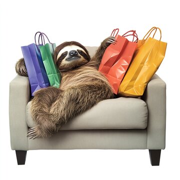 A sloth lying on a couch surrounded by Black Friday shopping bags, sleepy and relaxed, isolated on white background