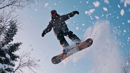 A snowboarder jumps in the air, with snow falling around him.