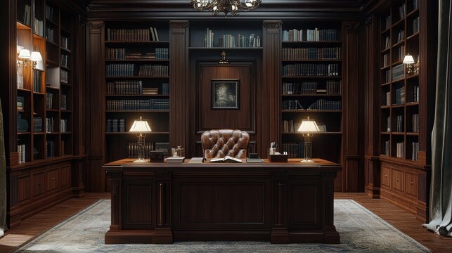 Sophisticated study room with a rich wood desk and classic bookshelves,