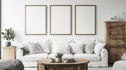 Square coffee table near white sofa and rustic cabinets against white wall with blank poster frames with copy space Japanese home interior design of modern living room