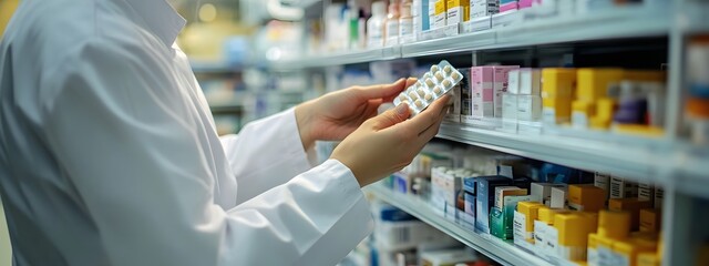 The photo shows the hand of an employee in a white medical uniform holding and examining medicine on shelves, which are located next to them